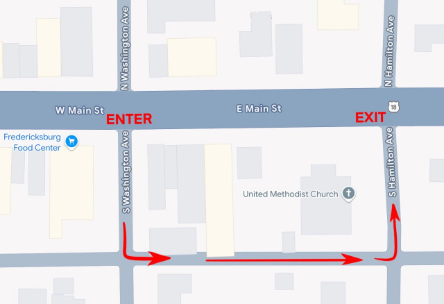 Map of the 100 block of S Hamilton Avenue & Washington Avenue, showing where to turn for the drive through